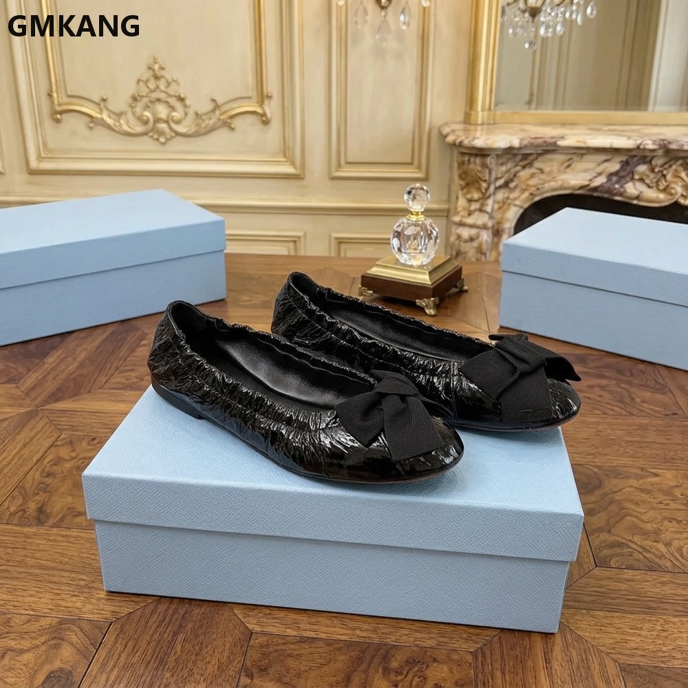 Leather Work Flats Women - Kadın Bale Babetleri Fiyonklu Pileli Günlük