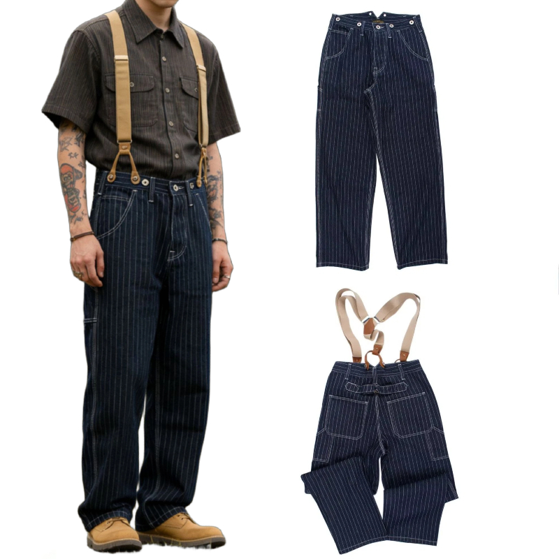Leather Work Overalls - Erkekler için Vintage Demiryolu Şeritli Denim