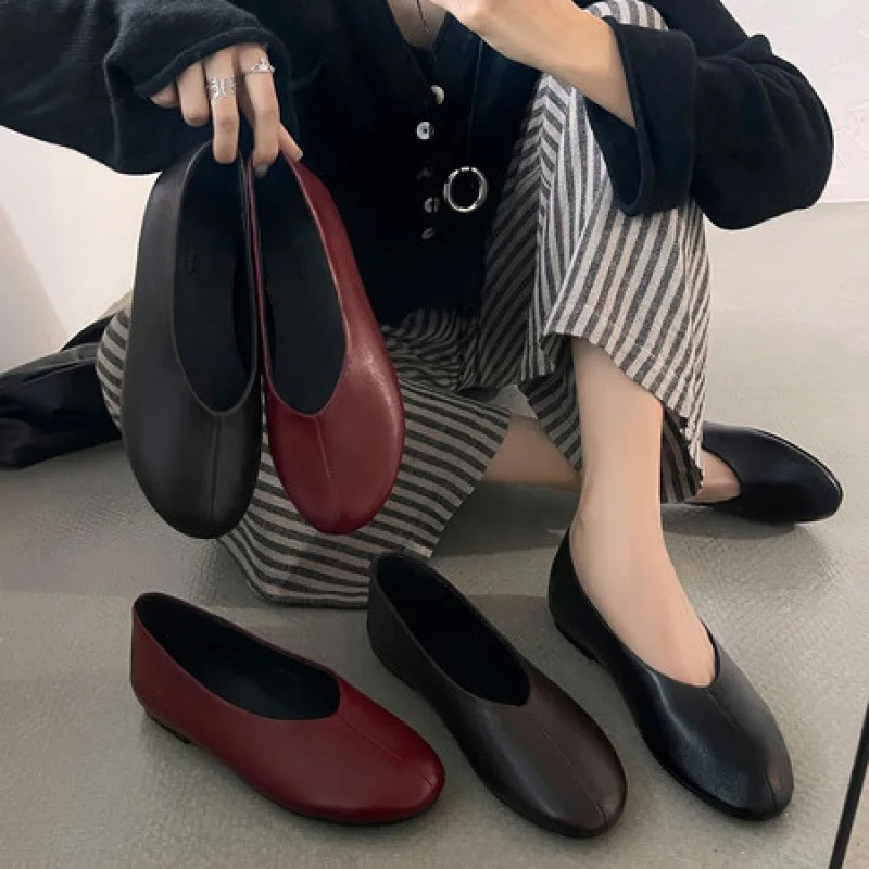 Leather Work Flats Women - 2026 İlkbahar Yeni Kadın Bordo Rengi