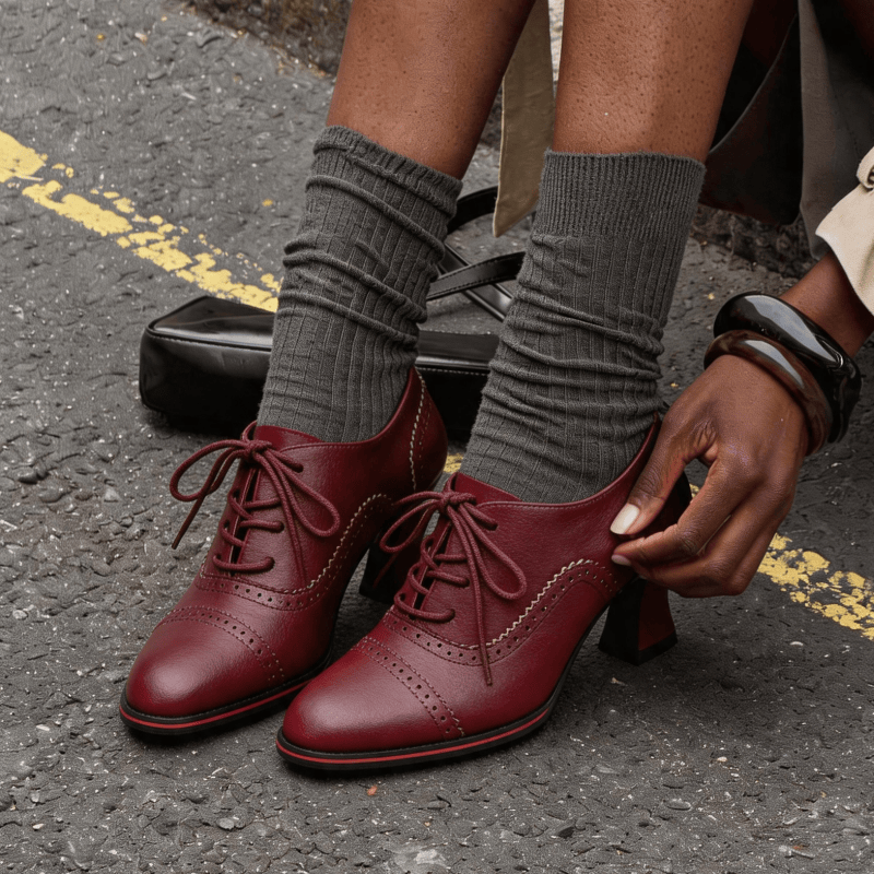 Leather Work Flats Women - Kadın Suni Deri Brogue Oxford Topuklu